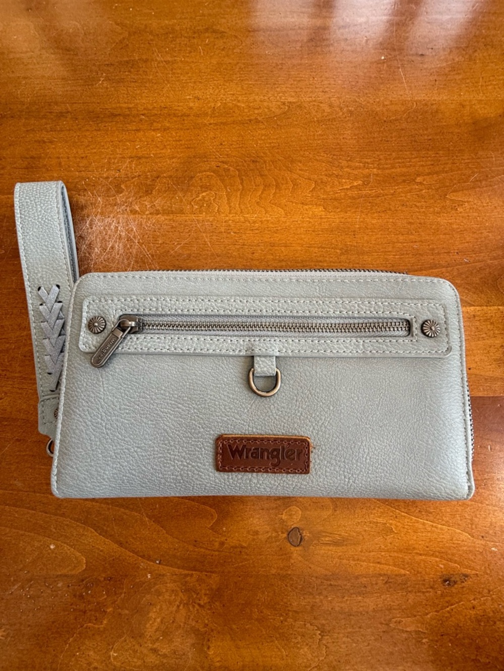 Wrangler Mini Wristlet in Light Gray with Brown Logo Patch